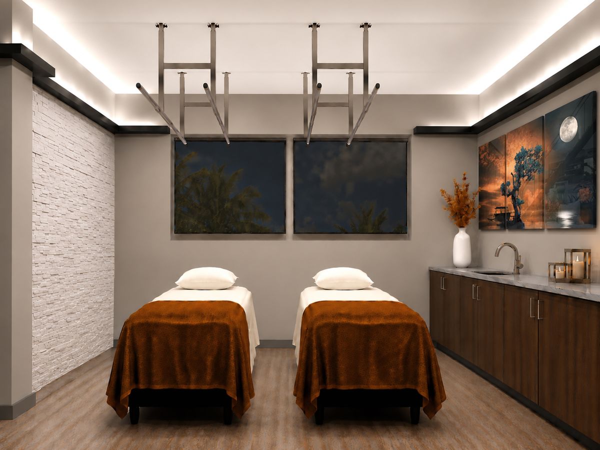 The couples treatment room with two massage tables